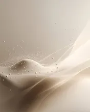 Abstract soft beige background with flowing layers and small particles, representing balance and gradual accumulation.