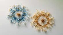 Two abstract molecular patterns in blue and gold, illustrating different biological responses to the same input.