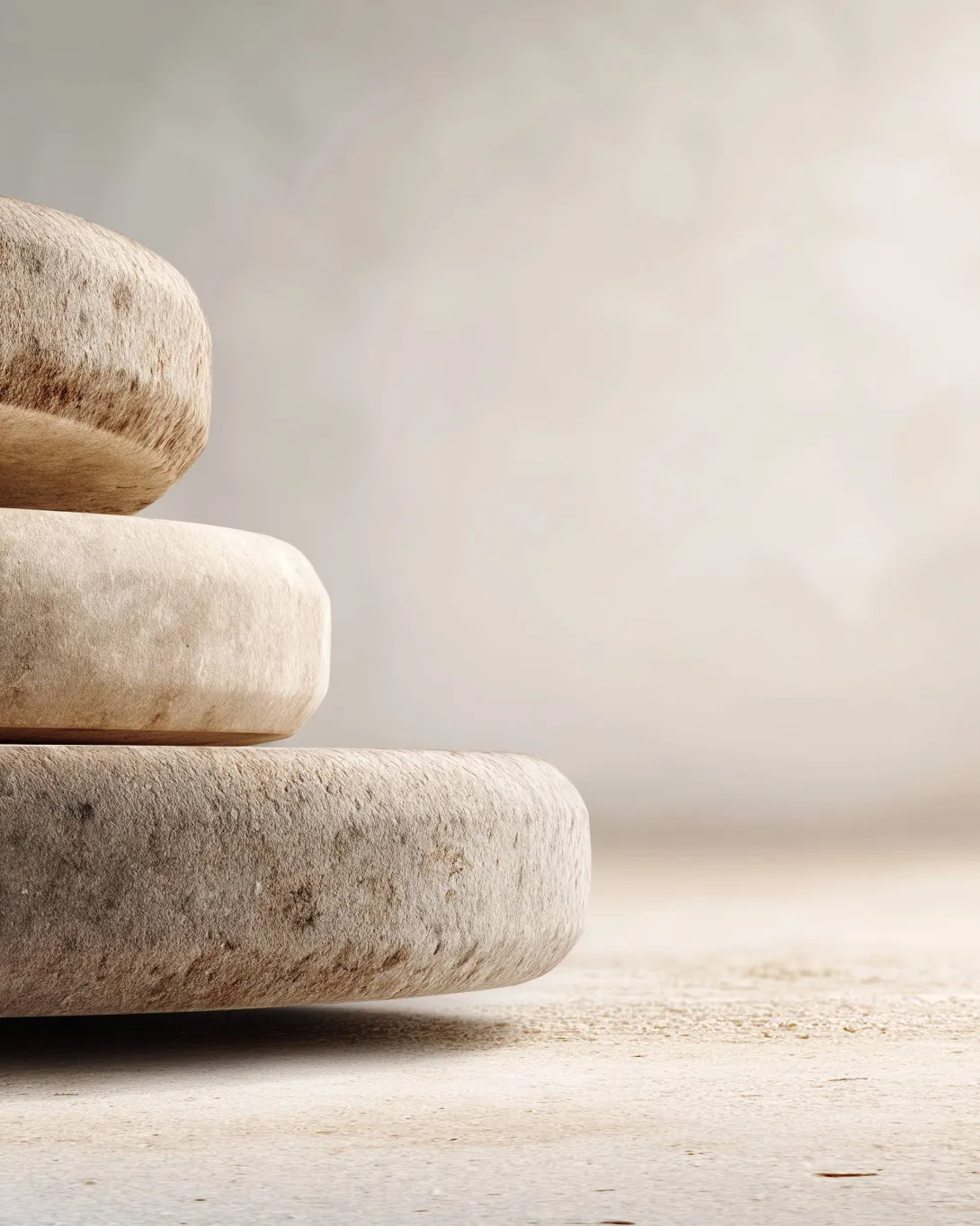 Minimal stacked stone forms symbolizing balance, stability, and gradual accumulation over time on a neutral background.