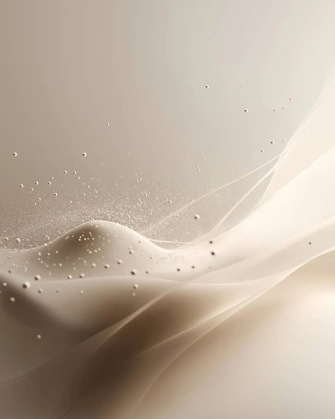 Abstract soft beige background with flowing layers and small particles, representing balance and gradual accumulation.