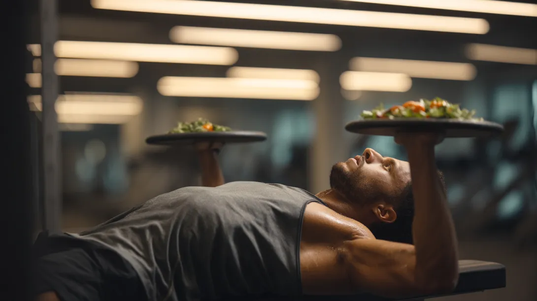 Man bench pressing plates of salad in a gym, illustrating protein intake and under-fueling concept