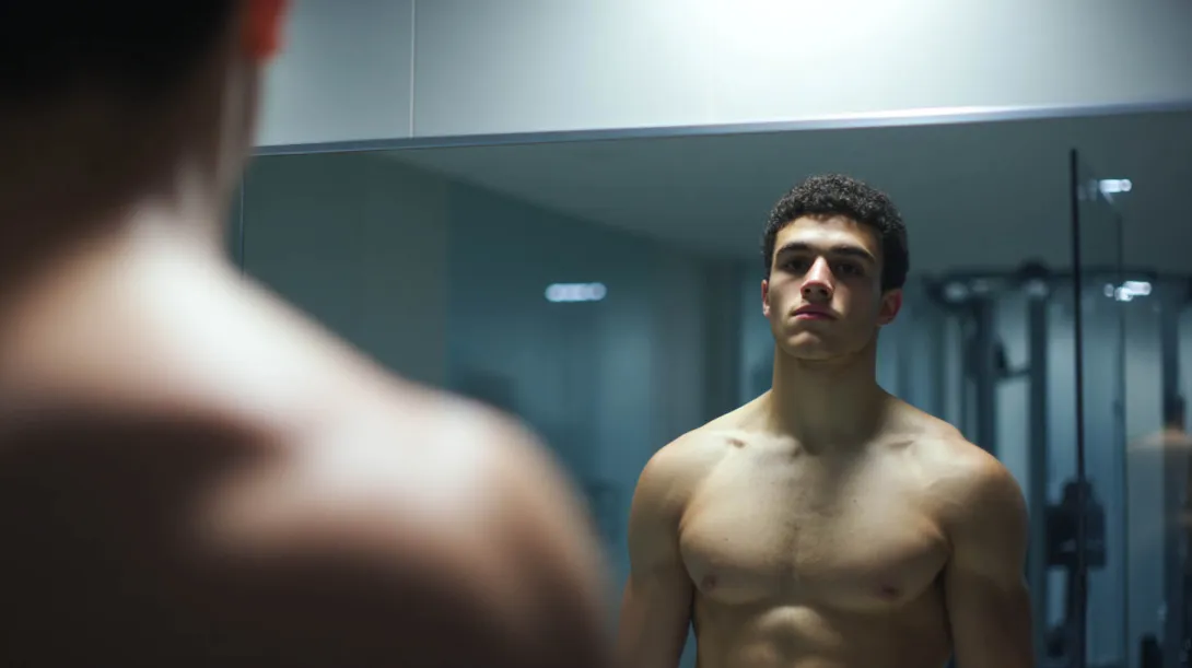 Young athletic man standing shirtless in a gym locker room, looking at his reflection in the mirror with a focused, serious expression.
