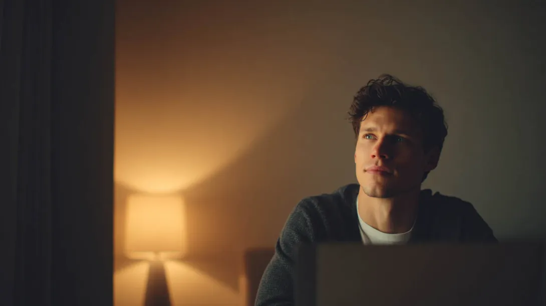 Young man working on laptop at night, thoughtful expression, warm ambient light