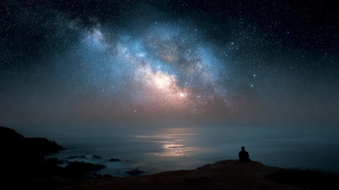 A lone man sitting on a cliff above the ocean at night, looking at the Milky Way galaxy in a vast starry sky.