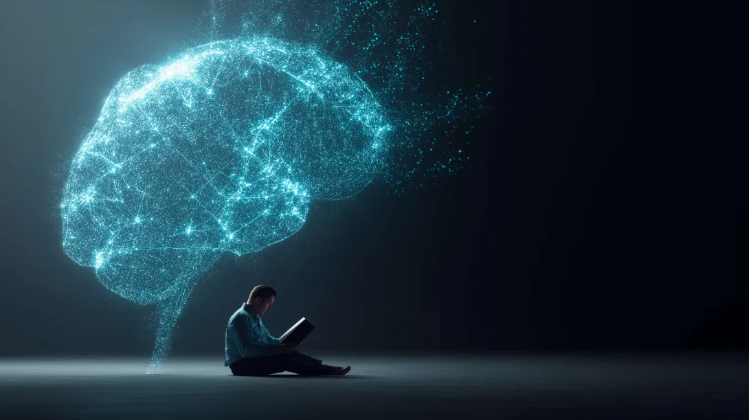 A man sitting and reading in a dark space, with a large glowing brain made of light particles above him, representing brain energy and cognitive function.