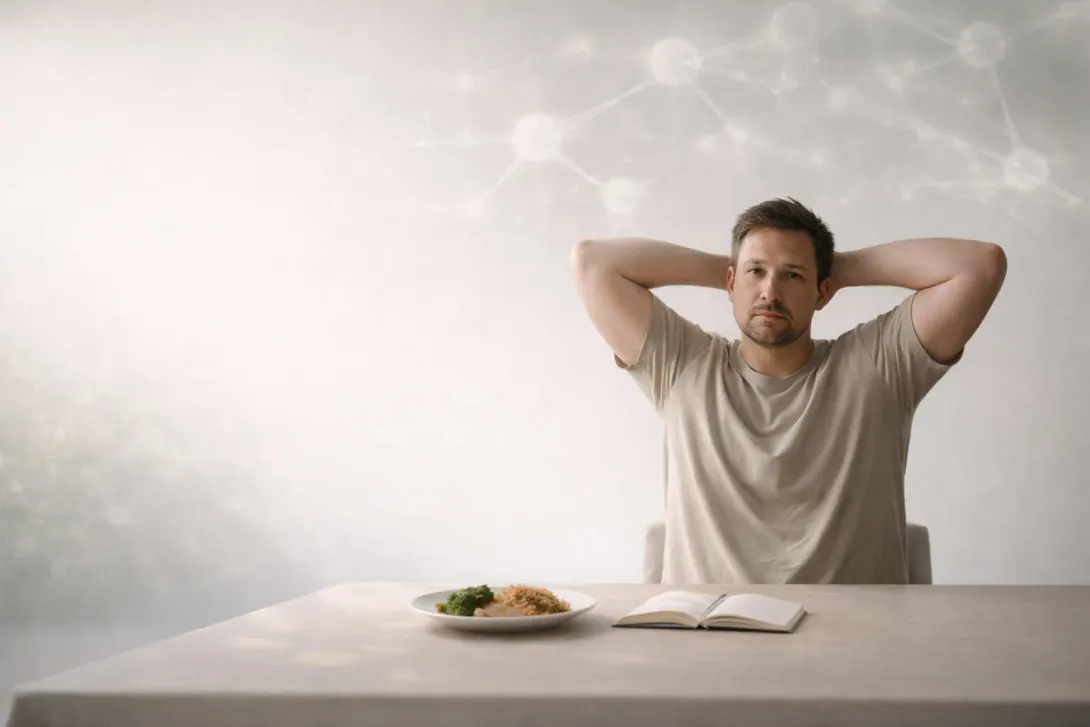 Man sitting at a table with food and notebook, stretching with hands behind head, looking thoughtfully at the camera