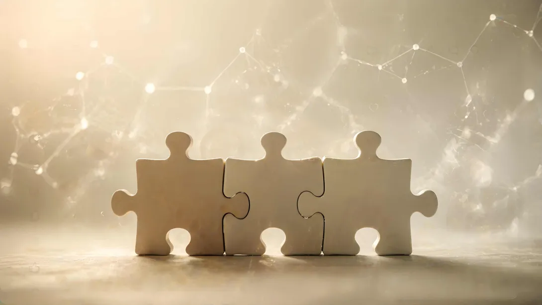 Three puzzle pieces almost connected, symbolizing how food structure and nutrients must align to support satiety and balance.