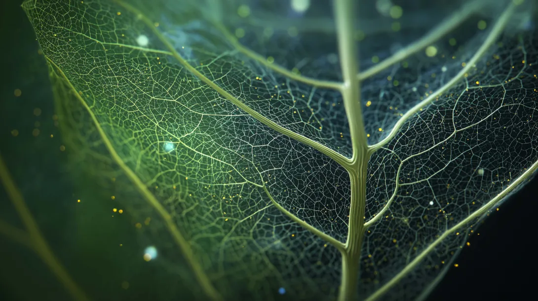 Macro close-up of a green leaf network with glowing particles, representing biological systems and metabolic processes