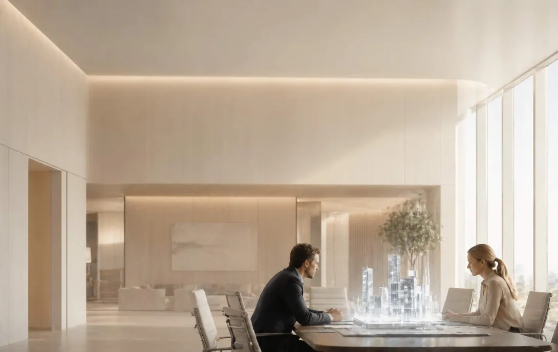 Minimal office scene with two people discussing a digital model, representing brain function, decision making, and internal processes