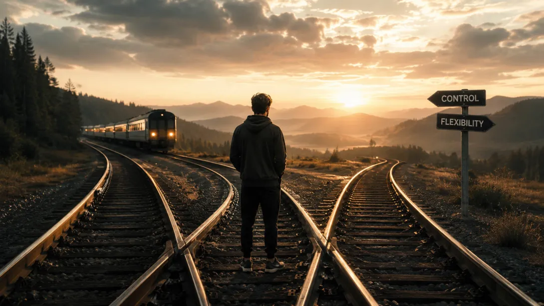 A cinematic railway junction at sunset symbolizing metabolic flexibility, behavioral adaptation, and the long-term sustainability of nutrition systems.