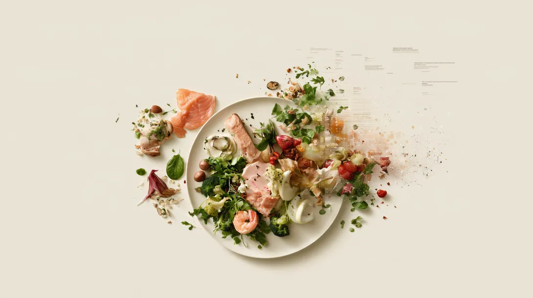 Overhead view of a meal gradually fading into abstract data, representing incomplete dietary memory and objective nutrition biomarkers.