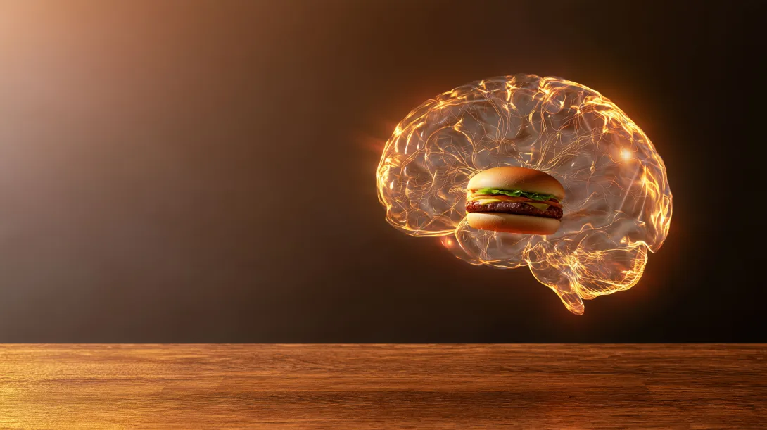 A glowing transparent human brain with a cheeseburger inside, floating above a wooden table, symbolizing how memories of food influence appetite and eating behavior.
